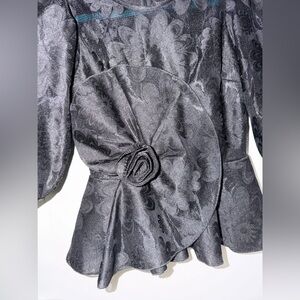 Black Jacquard Floral Peplum Top with Rosette Detail